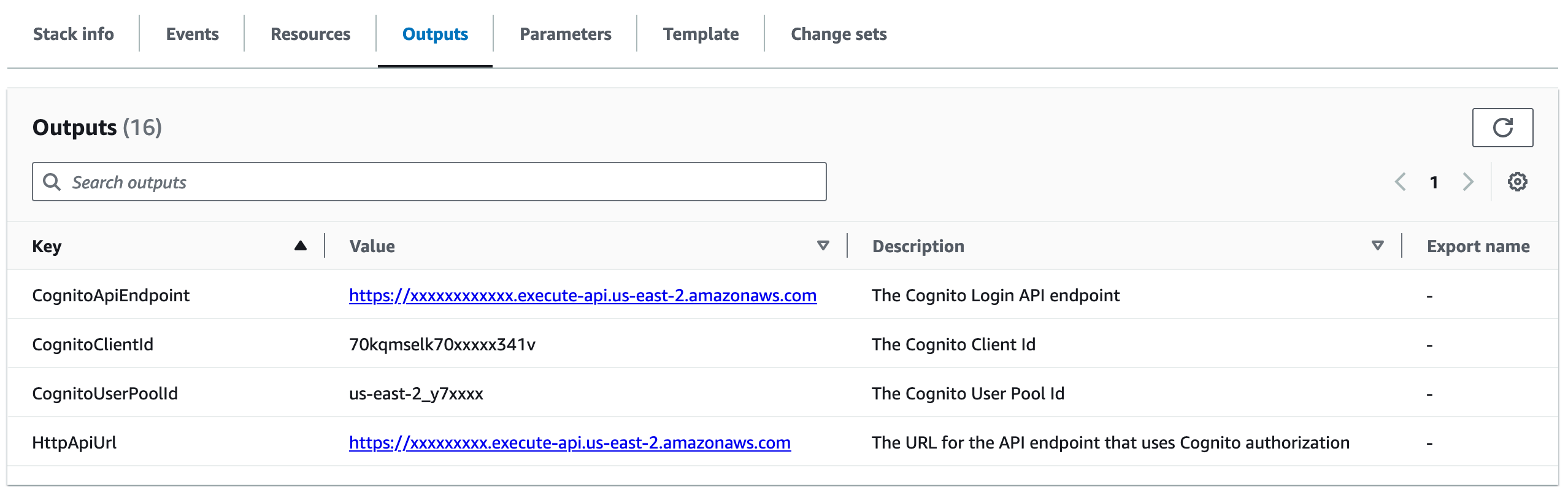 Document Console CloudFormation Outputs