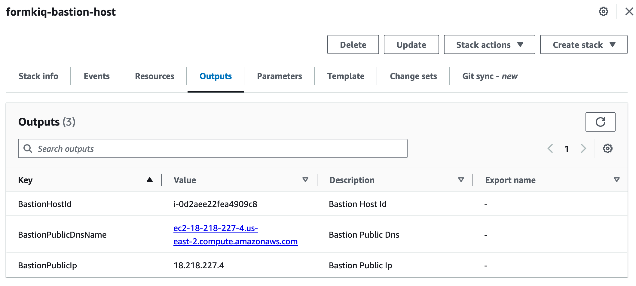 CloudFormation Bastion Host Outputs