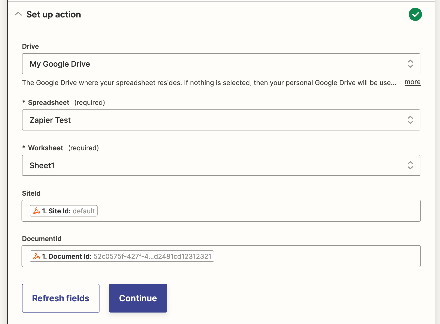 Zapier Setup Google Sheets Action